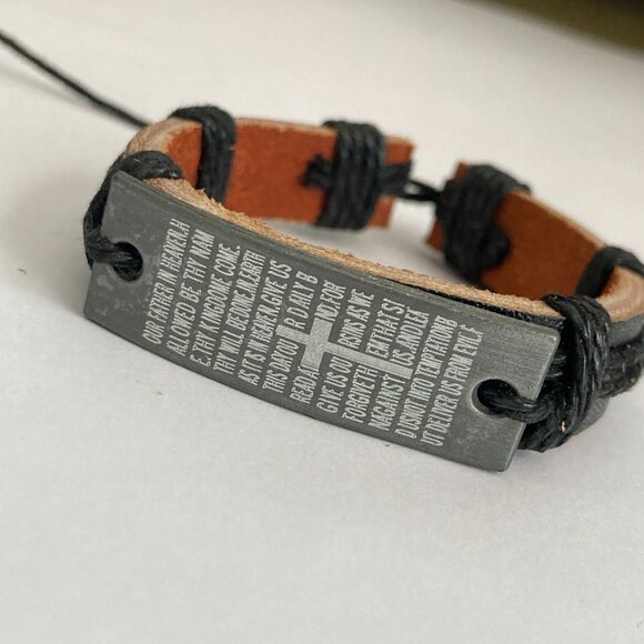 Vintage The Lords Prayer Leather Bracelet Mens Womens Adjustable Rope Catholic - Picture 6 of 10